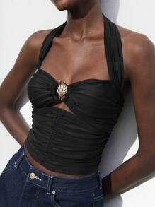 Maija Black N Gold Chic Summer Vacation Holiday Women's Tank Top,Halter Shell Metal Buckle Design Hollow Beach Resort Urban Vacation Vintage Vibe - Black - View 5