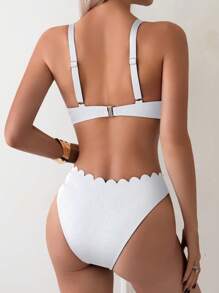 SHEIN Swim Women Beach Outfits Solid Color Deep V Sexy Burnout Crafted Steel Wire White Bikini Swimsuits Set For Summer Beach Vacation - White - View 2