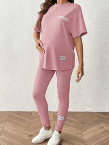 SHEIN 2 件套孕妇短袖圆领纯色 T 恤和裤子套装，简约时尚，适合夏季 - 粉色 - 查看 6