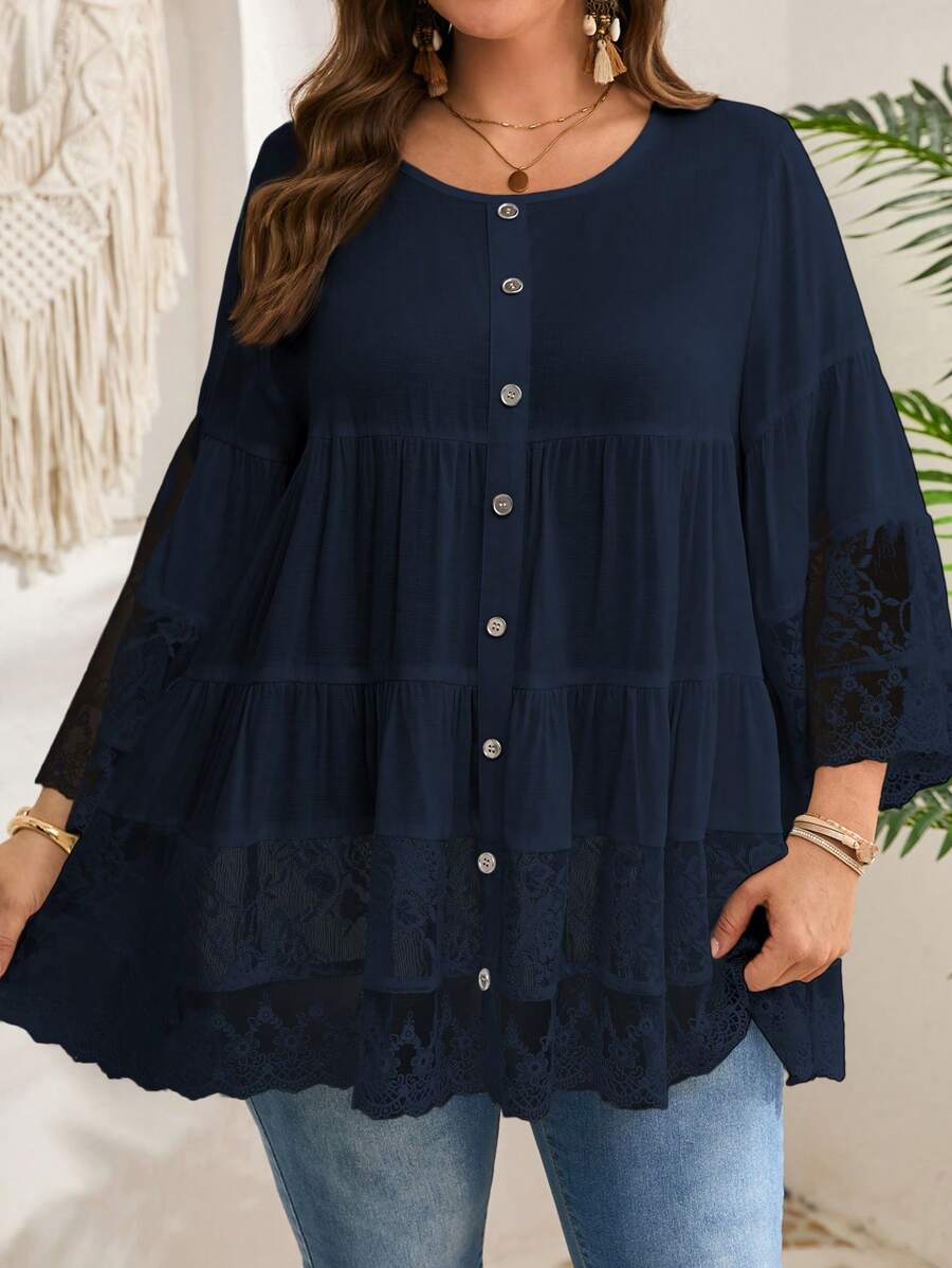 EMERY ROSE 大码女式早春款 3/4 袖白色蕾丝衬衣 - 藏蓝色 - 查看 1