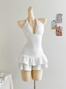 Soleia Damen Urlaubs-Strick-Knitterstoff-Romper mit tiefen V-Ausschnitt am Träger, gerüschtem Saum, geeignet für Party, Date, Nachmittags-Tee, Modemeile und Urlaubsoutfit am Strand