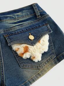 ROMWE Hippie Vintage Music Festival Vacation Bohemian Animal Print Patchwork Distressed Low Waist Skinny Denim Shorts For Women - Blue - View 4