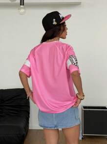 Coolane Women's Summer Streetwear Going Out Y2K Leopard Print Number Graphic Football Jersey V-Neck Pink Jersey T-Shirt - Pink - View 4