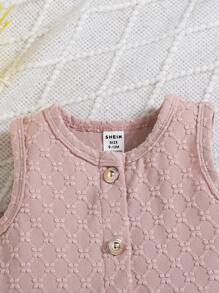 SHEIN 2件組女嬰可愛灰粉色夏季休閒套裝 荷葉邊圓領蝴蝶結裝飾鈕扣開襟上衣與短褲 親子度假穿搭 - 粉色 - 查看 5