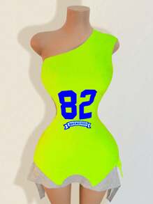 BamGleam Damen Asymmetrischer Ausschnitt Figurbetontes Kleid mit asymmetrischem Saum, modisches bedrucktes Kleid, Strandoutfit