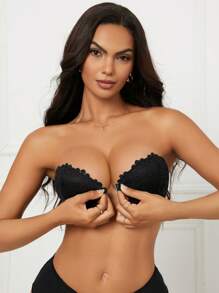 1pc Lace Strapless Front Closure Half Cup Bra, Lift And Support Small Bust, With Underwire, Removable Straps Included, Multi-Wear Way Lingerie - Black - View 5