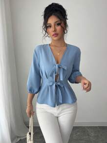 Elenzga Camisa elegante con mangas de farol atada al frente y en la cintura - Azul - Ver 5