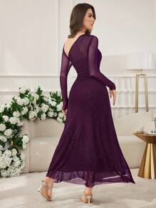 Modelyn Women Long Mesh Shiny Splicing Asymmetrical Collar Fitted Dress - Red Violet - View 2