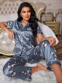 LuxeNights Floral Print Faux Silk Top & Pants Pajama Set