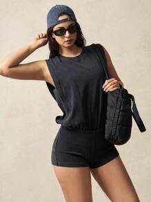 VARSITIE Einfarbiger ärmelloser Jumpsuit mit rundem Ausschnitt und offenem Rücken für den Sommer, Sportbekleidung