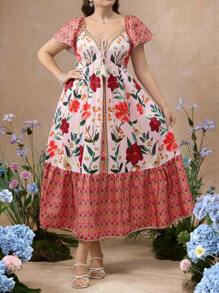 Flirla Simple Casual Vintage Positioning Print Cinched Waist Loose Fit Cap Sleeve A-Line Dress, Bohemian Dress For Beach Vacation