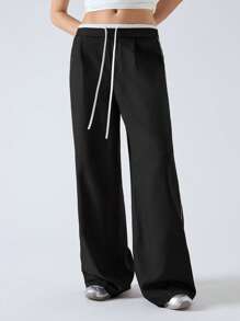 LYSMO Damen Hose mit Kordelzug in der Taille, Taschen, plissiert, gerade, locker, lässig - Schwarz - Übersicht 3