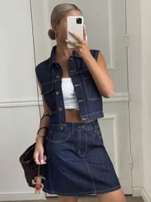 Livesso Fitted Short Denim Jacket And Shorts Set For Women - Dark Wash - View 3