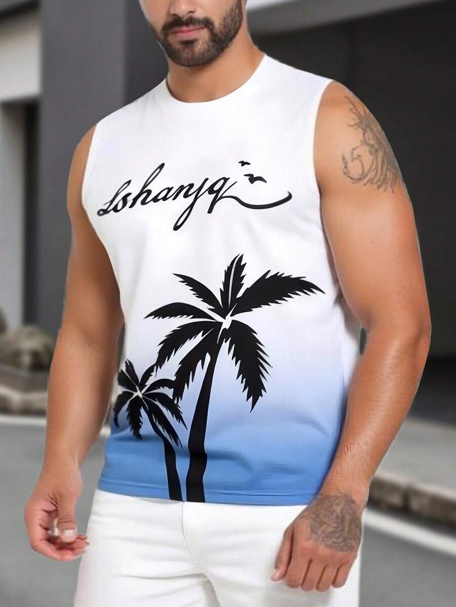 Manfinity RSRT Plus Size Men's Letter & Palm Tree Print Vacation Casual Tank Top - Multicolor - View 1