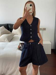 DAZY Women's Urban Style Denim Vest And Shorts 2 Pieces Set, Spring/Summer