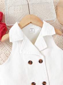 SHEIN 2 件套小女孩时尚领上衣 + 褶皱牛仔裙套装 - 白色 - 查看 4