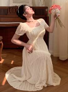 DAZY Women's Mid-Length Patchwork Square Neck Puff Sleeve Dress Maxi Dress - Apricot - View 7