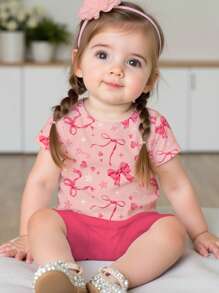 SHEIN Cute Sweet Bow Heart Star Print Pink Baby Girl Casual Round Neck Short Sleeve T-Shirt & Leggings 2 Pieces Set, Suitable For Spring/Summer - Multicolor - View 1
