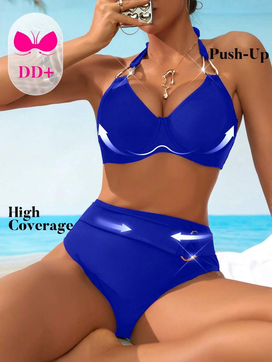 Swim DD+ Springbreak Women's V-Neck Halter Tie Swimwear With Metal Decorative Hardware, Bust Push-Up & Shaping Design, High-End Fashion 2 Pieces Swimwear Set For Summer Beach Vacation - Royal Blue - View 1