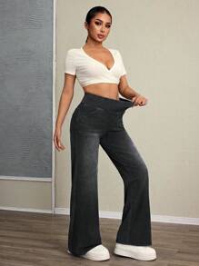 Flexra Women Casual Washed High Waist Straight Leg Jeans - Black - View 7