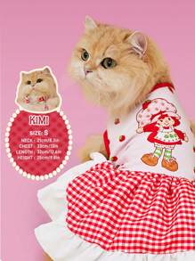 Strawberry Shortcake X SHEIN 1 chiếc váy cho thú cưng dễ thương và ngọt ngào với họa tiết dâu tây hoạt hình, kẻ caro, ren, quần áo cho thú cưng, mèo, chó, cỡ cực nhỏ, cỡ cực lớn, ý tưởng quà tặng, mùa hè/mùa xuân, kỳ nghỉ - Đỏ - Xem 2