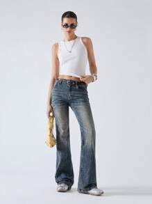 LYSMO Pantaloni denim pentru femei de vară, stil blugi evazați - Albastru - Vizualizare 5