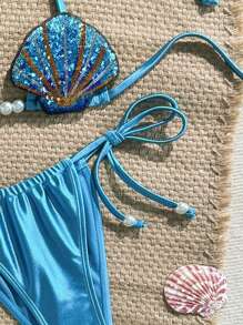 Swim Vcay Bộ đồ bơi 2 mảnh gợi cảm cho nữ, trang trí cúp ngực và vỏ sò, vải bóng, bộ bikini tam giác buộc dây màu trơn - Màu xanh lam - Xem 4