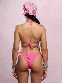 SUMWON WOMEN Ribbed Triangle Bikini Set Two Piece Swimsuit With Side Tie Bottom Brazilian Cut Beachwear Summer Vacation Resort Swimming Pool - Hot Pink - View 2