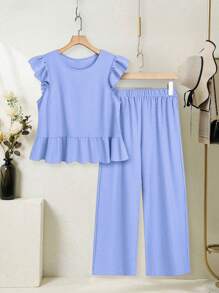 SHEIN LUNE 2pcs Women Casual Solid Color Ruffle Trim Top And Trousers Set, Summer - Blue - View 2