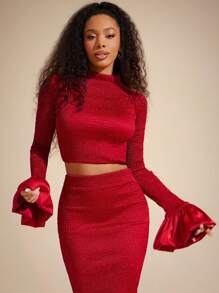 Vixey Solid Satin Ruffle Long Sleeve Crop Top, Spring Outfits, Summer Outfits For Women, Easter Outfits, Summer Tops - Red - View 1