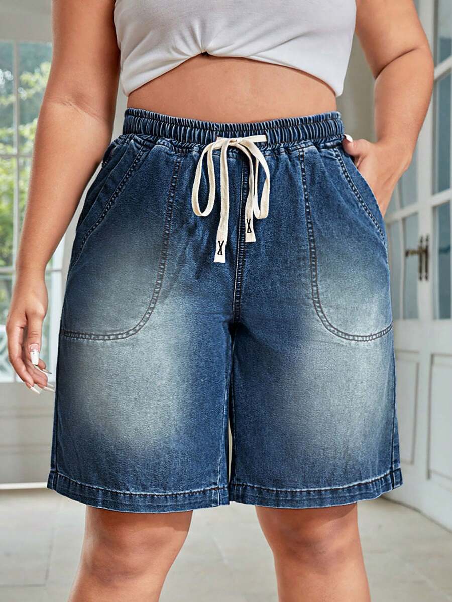 SHEIN SXY Plus Size Casual Denim Shorts, Fashionable Suitable For Summer - Dark Wash - View 1