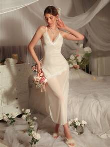 DelicateAllure Spaghetti Strap Mesh & Contrast Lace Sexy Women Nightgown, Holiday Season - White - View 3