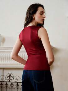 SHEIN LUNE Women Casual Elegant Floral Lace Patchwork Stretchy Sleeveless Camisole - Burgundy - View 2