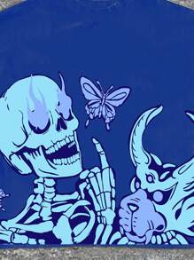 SHEIN Blue Flame, Skull Design Casual Short Sleeve Crew Neck T-Shirt For Tween Boys, Suitable For Summer