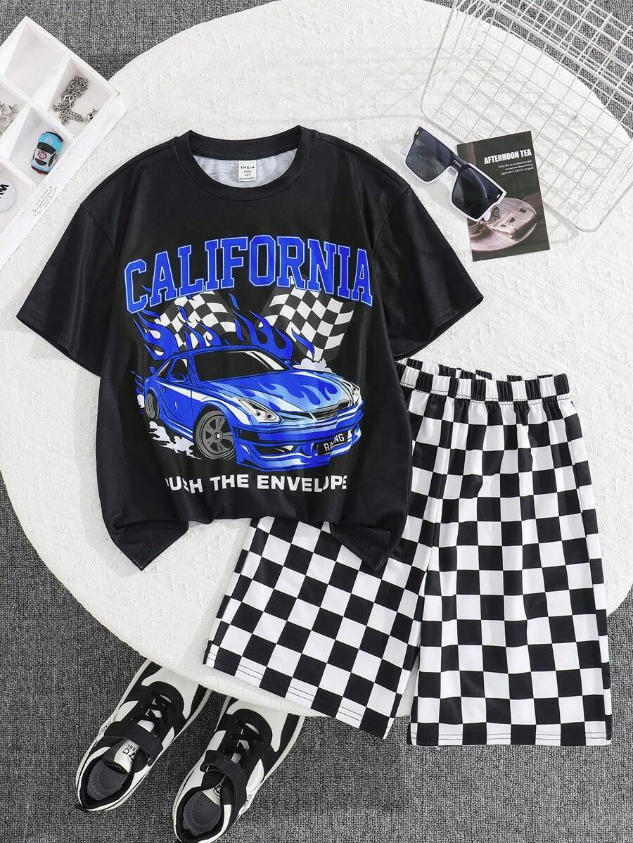2pcs/Set Kids Tween Boys Casual Street Fashion Letter Print Pattern Round Neck Loose T-Shirt And Plaid Printed Shorts Knit Set, Suitable For School, Garden, Beach, Birthday, Spring, Summer, Autumn, Winter Seasons - Royal Blue - View 1