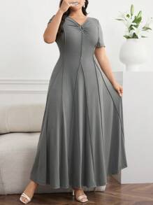Modelyn 大码夏季优雅纯色收腰长裙 - 灰色 - 查看 2