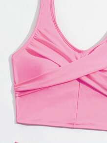 少女热带植物印花交叉设计分体泳衣套装，休闲度假装 - 粉色 - 查看 3