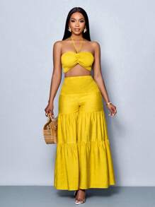 SOLERSUN Conjunto de 2 piezas para mujer de primavera y verano, compuesto por un top tubo sin mangas, cuello halter y lazo, con cintura fruncida, y un pantalón ancho de pierna ancha, roto y con capas, en un estilo informal y de vacaciones