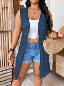 SHEIN Clasi Cárdigan largo sin mangas de unicolor con apertura frontal, adecuado para vacaciones, talla grande para mujer - Azul - Ver 5
