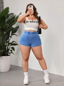 SHEIN CURVE+ Blue Denim Plus Size Shorts High Elastic Denim Comfortable Leggings Summer Outfits For Women Shorts, Curve Plus, Boho Vacation - Light Wash - View 6