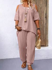 2 pièces Femmes grande taille Ensemble casual ample de Top à épaules dénudées à manches courtes et pantalon de couleur unie