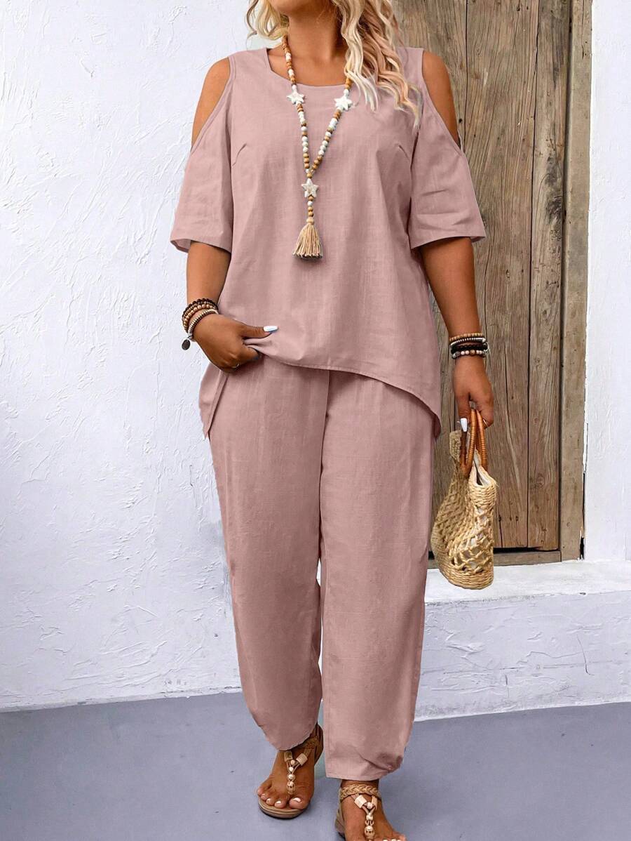 2 pièces Femmes grande taille Ensemble casual ample de Top à épaules dénudées à manches courtes et pantalon de couleur unie