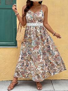 SHEIN Clasi Plus Size Paisley Print Spaghetti Strap Lace Trim Slit Dress - Multicolor - View 5