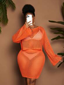Maweii Plus Size Women Openwork Sweater Top & Openwork Skirt Elegant Vacation Knit Set - Orange - View 4