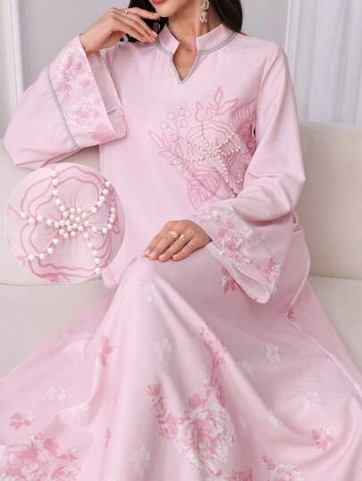 Al Najma V-Neck Splice Silver Trim Ribbon Embellished Beaded Floral Arabic Dress,Modest