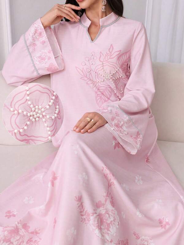 Al Najma V-Neck Splice Silver Trim Ribbon Embellished Beaded Floral Arabic Dress,Modest