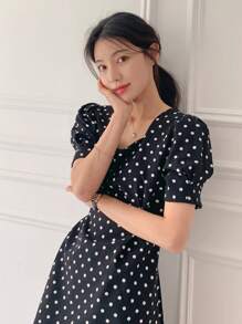 DAZY 女士迷你方领波点泡泡袖蝴蝶结腰优雅中长连衣裙挤奶女工连衣裙女士夏季衬衫女士上衣女士夏季套装，休闲女装 - 黑色 - 查看 3