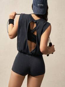 VARSITIE Einfarbiger ärmelloser Jumpsuit mit rundem Ausschnitt und offenem Rücken für den Sommer, Sportbekleidung