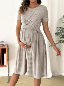 SHEIN Đầm bầu cho con bú cổ xoắn màu trơn đơn giản, mùa hè - Màu be - Xem 5