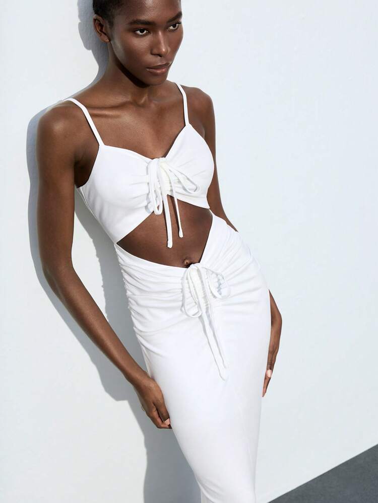 SHEIN Maija 2025 Summer New Multi-Wear Minimalist High-End Bowknot Strap Back Hollow Design Music Festival Beach Resort Casual Daily Romantic Urban Vacation Suitable For Outing Party Wedding Guest Old Money Style Graduate Season Women Dress